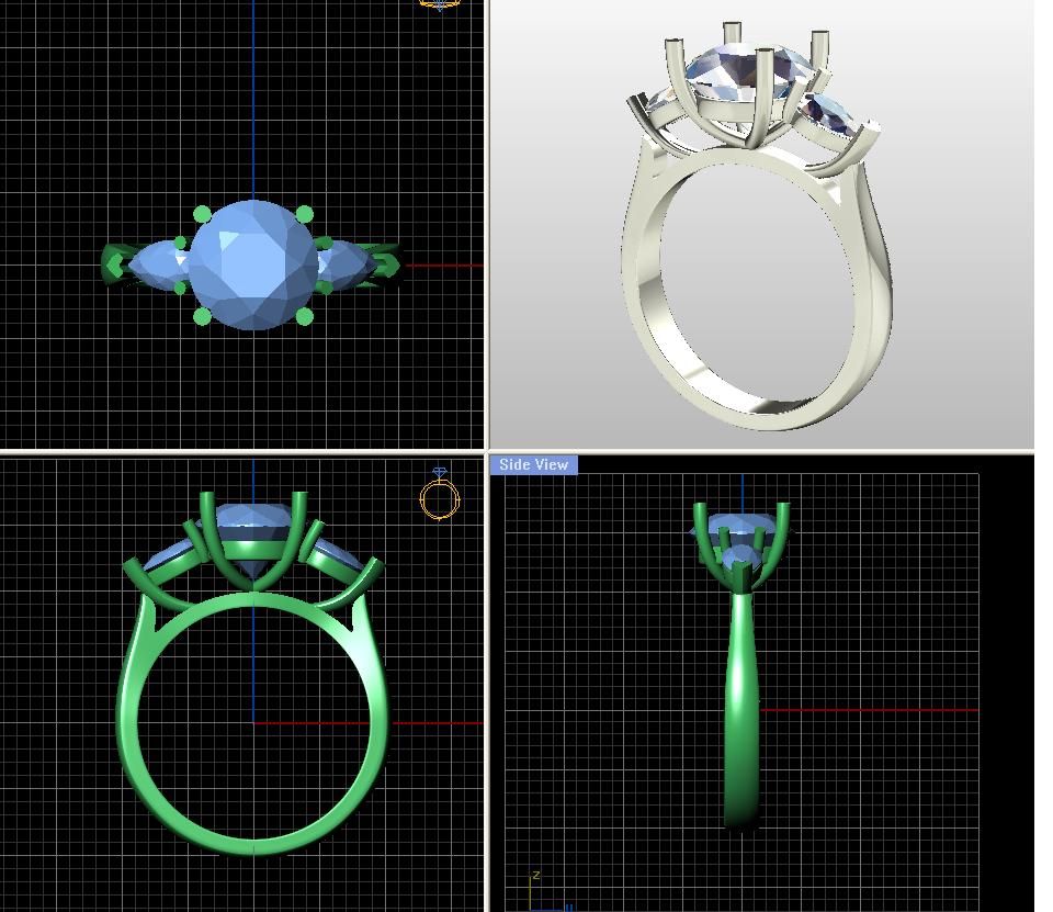 Four views of a ring design with a blue center stone in CAD and a rendered silver setting