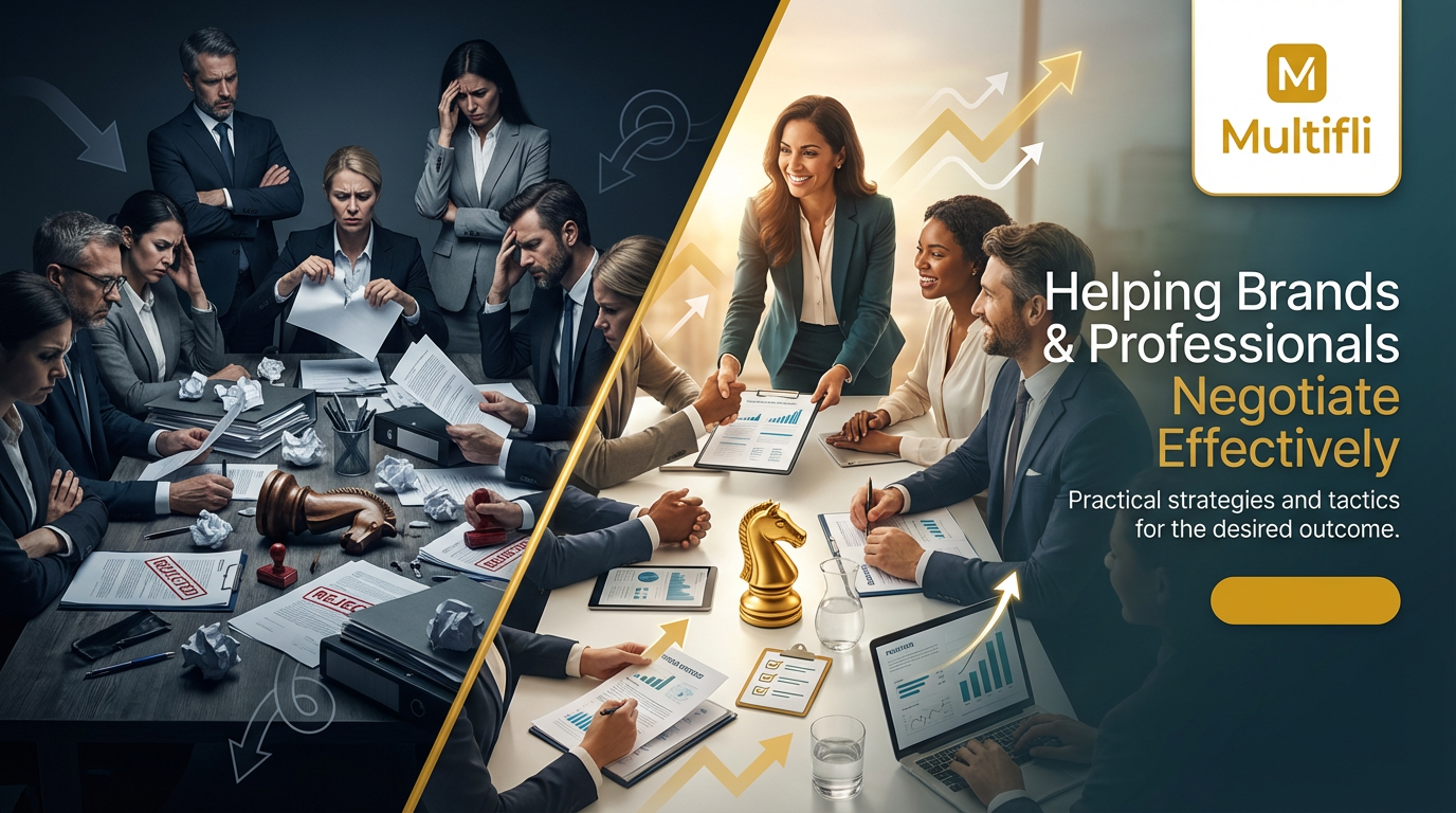 Group negotiates around tables, some smiling, others looking stressed. 