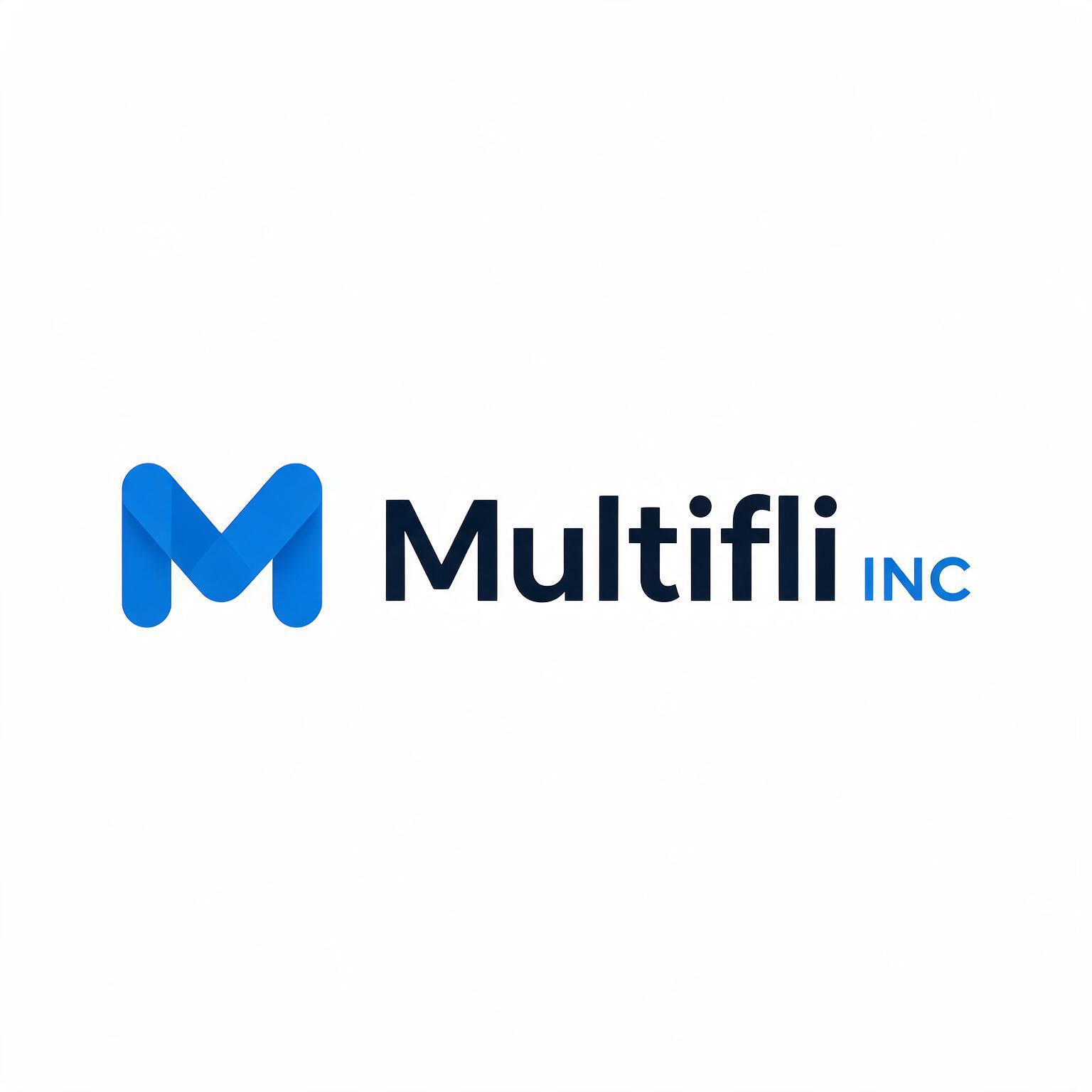 Multifli Inc logo with a blue “M” icon and dark navy text on a white background