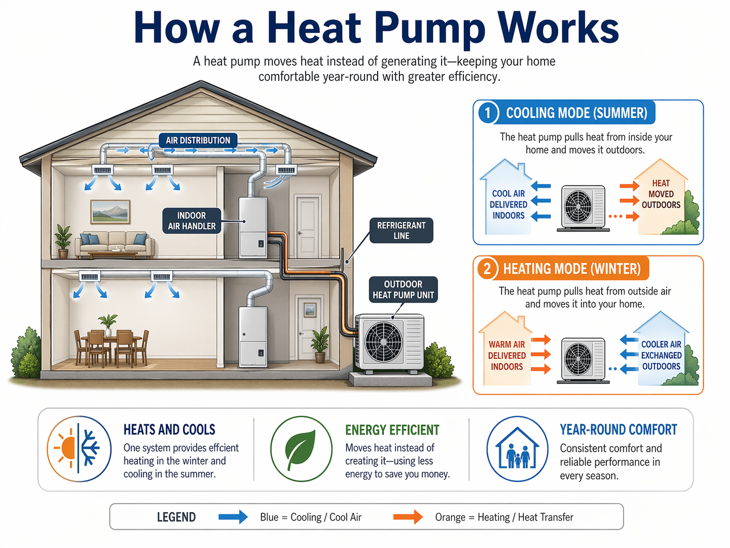 Infographic titled “How a Heat Pump Works” showing home airflow, summer cooling, winter heating, and energy-saving benefits