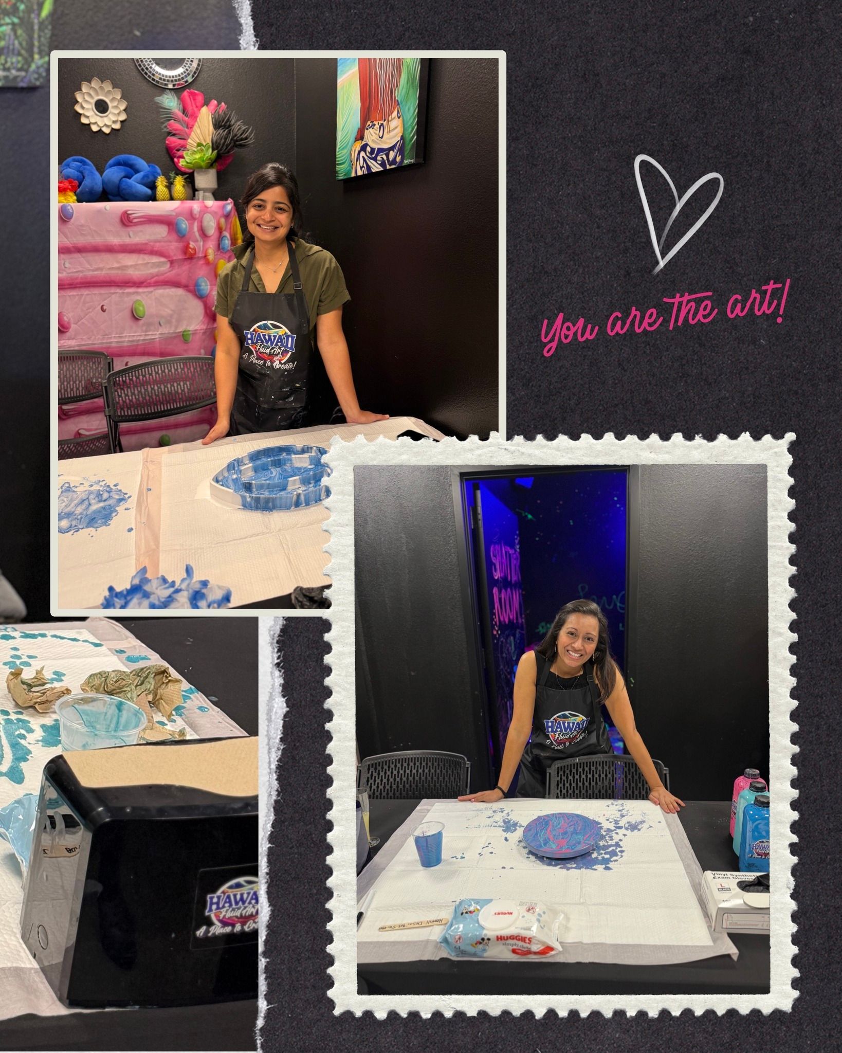 Person standing behind a decorated table in a craft room collage, with a heart doodle and pink text.