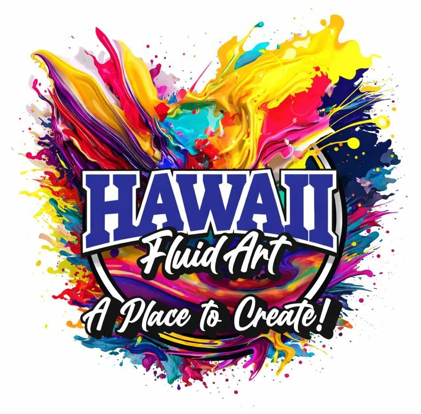 Hawaii Fluid Art logo with bright paint splashes and the tagline &ldquo;A Place to Create!&rdquo;