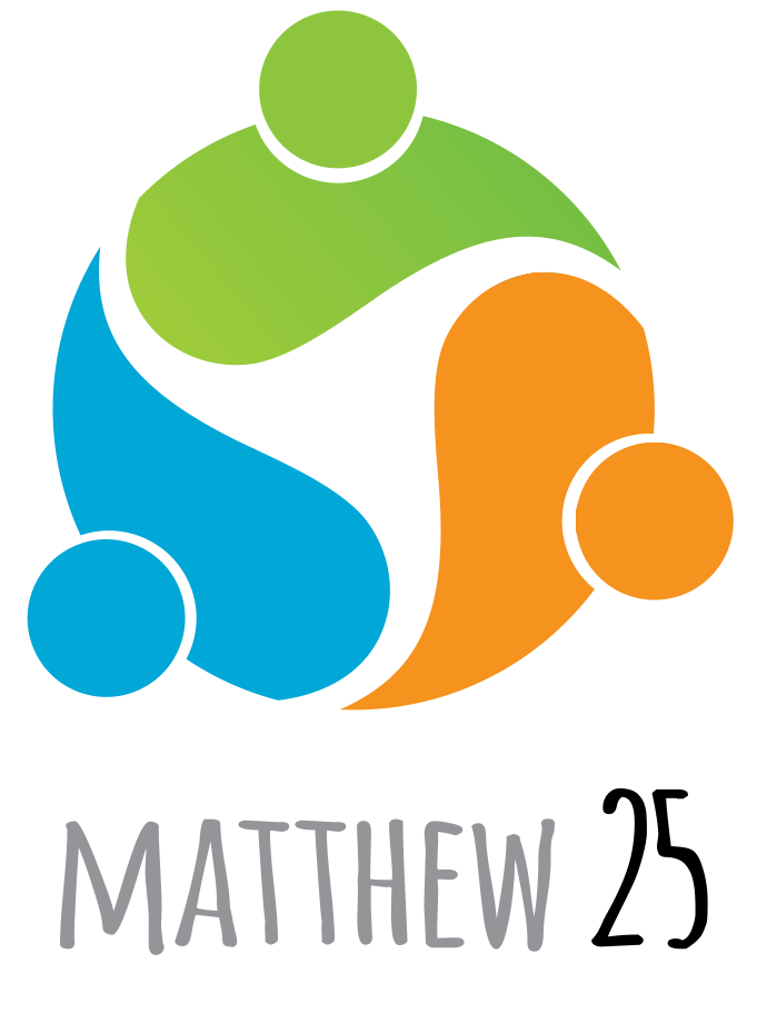 Matthew 25 logo with four colorful abstract people around a central white shape