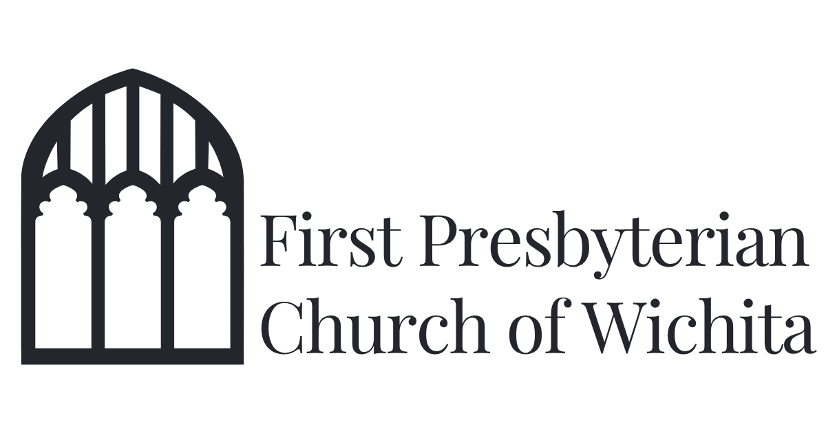 Logo for First Presbyterian Church of Wichita with black church window icon and text on white background