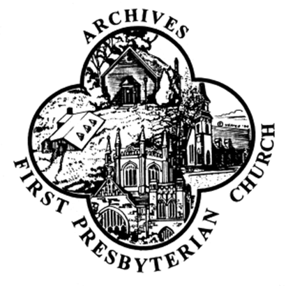 Black-and-white First Presbyterian Church archives logo with church drawings and circular text
