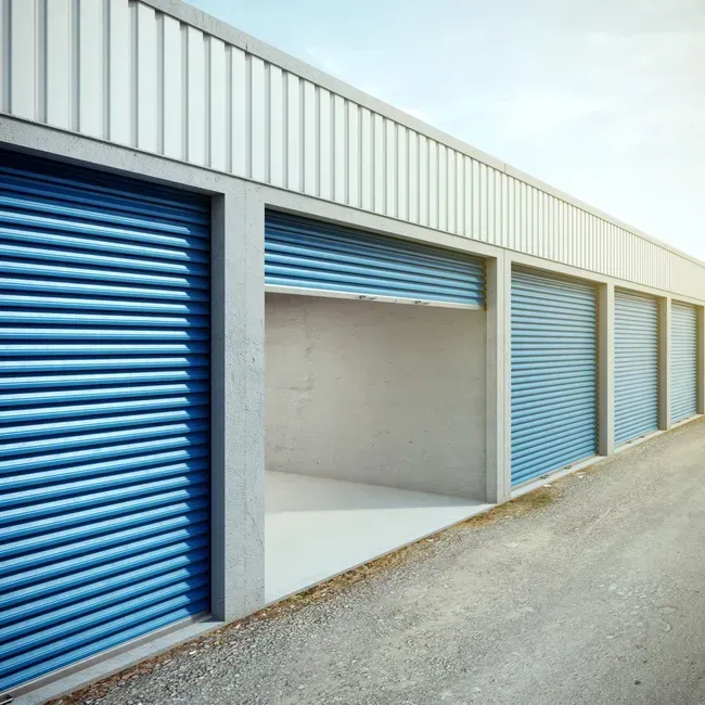 Outdoor self-storage units with blue roll-up doors, offering secure and convenient space.