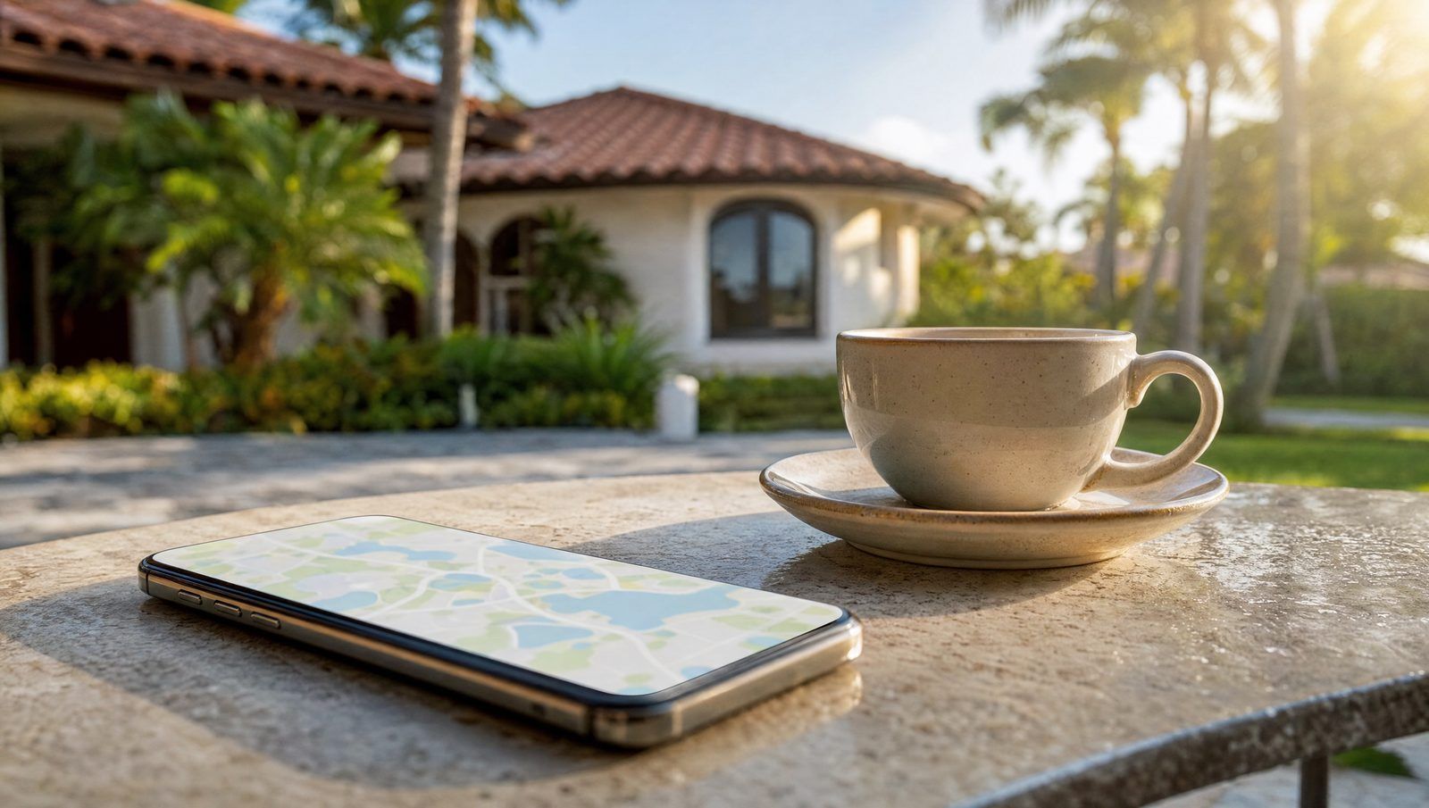 Smartphone on a patio table in front of a South Florida home with a clay tile roof