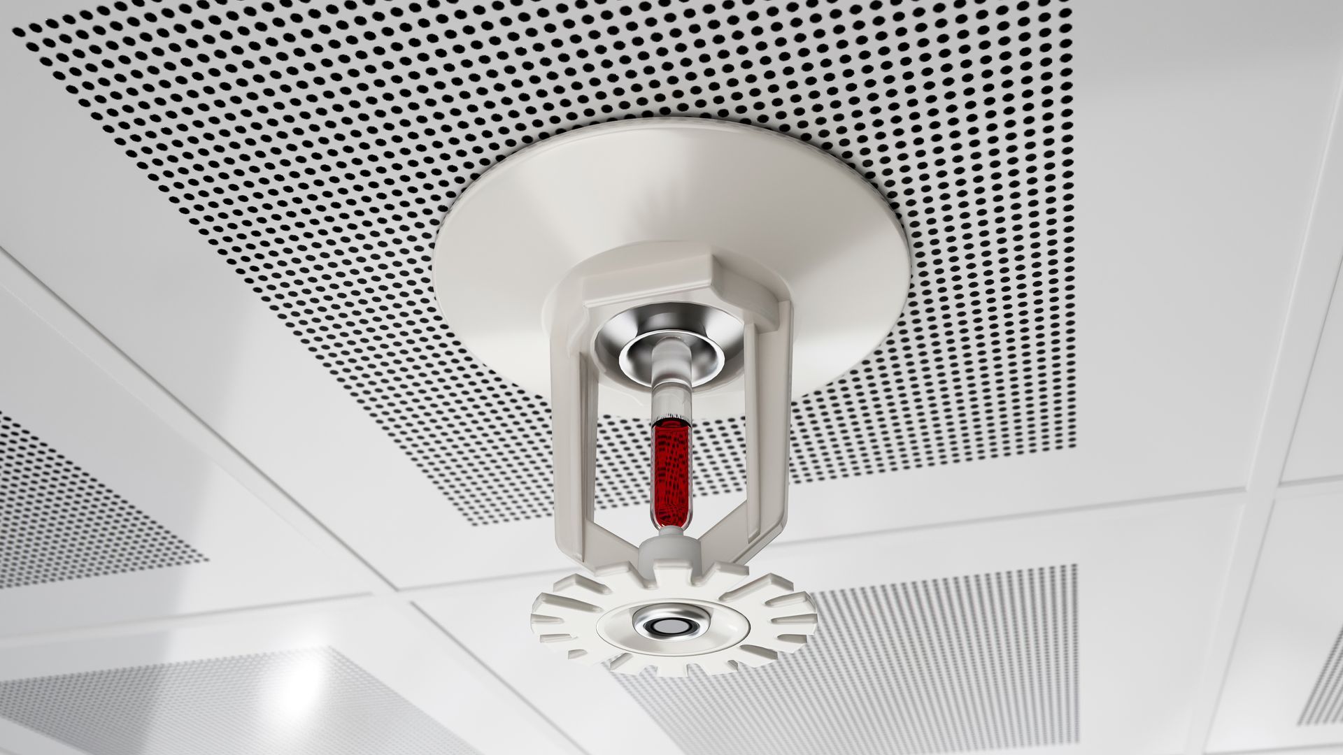 A fire sprinkler is hanging from the ceiling of a room.