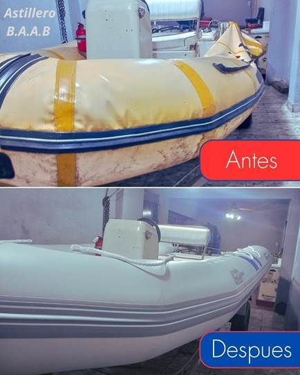 Comparación de un barco antes y después de la restauración. Barco blanco con motor y detalles.