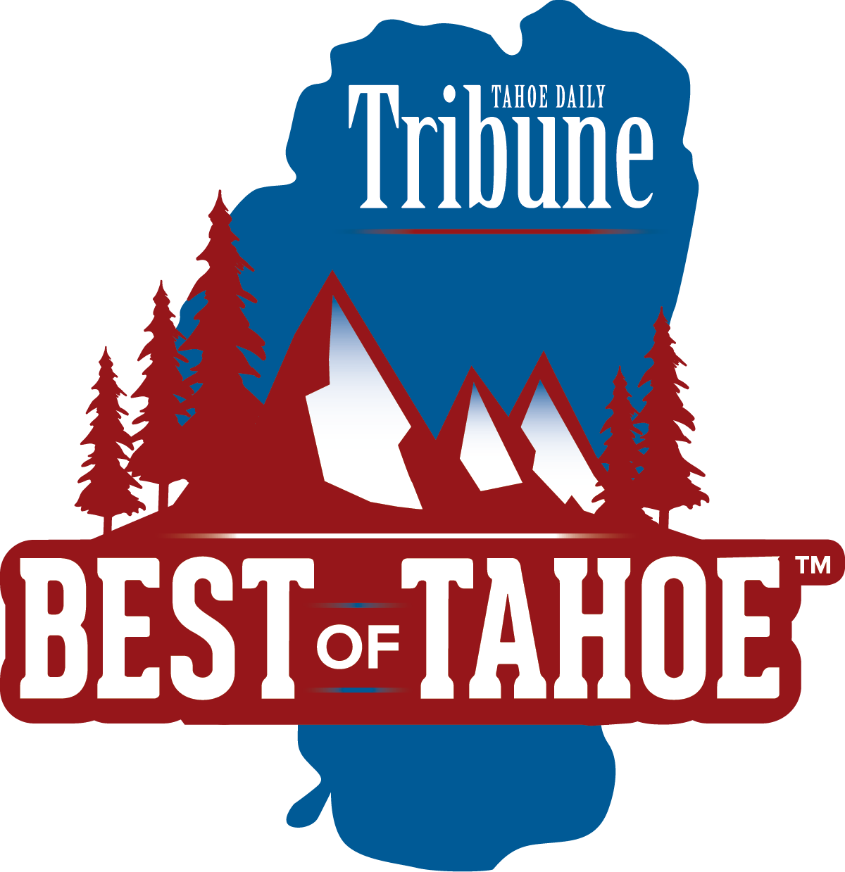 Tribune Best of Tahoe logo with red trees, blue mountain and white tents on red banner