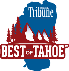 Tribune Best of Tahoe logo with red trees, blue mountain and white tents on red banner
