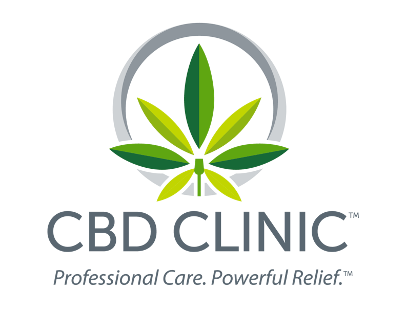 CBD Clinic logo with green cannabis leaf and gray text, “Professional Care. Powerful Relief.”