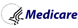 Medicare logo with blue text and a black medical emblem on a white background