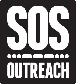 White “SOS OUTREACH” text on a black background with dotted line separator