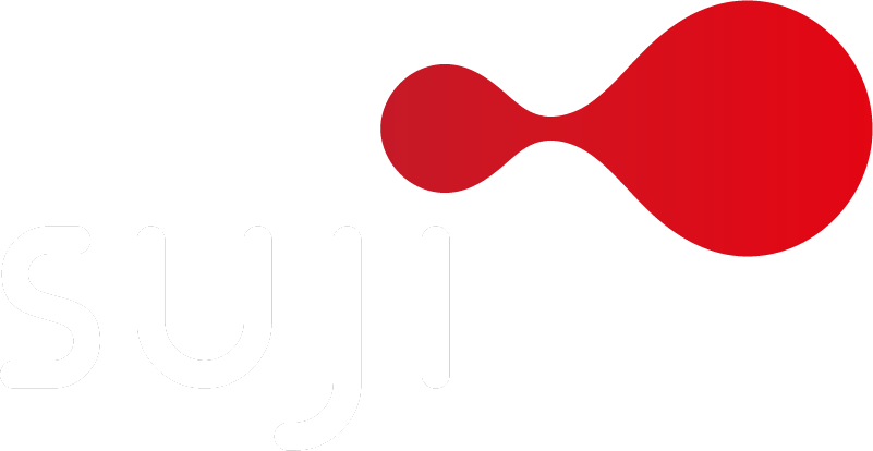 Red abstract logo with two connected circles, small on left and large on right