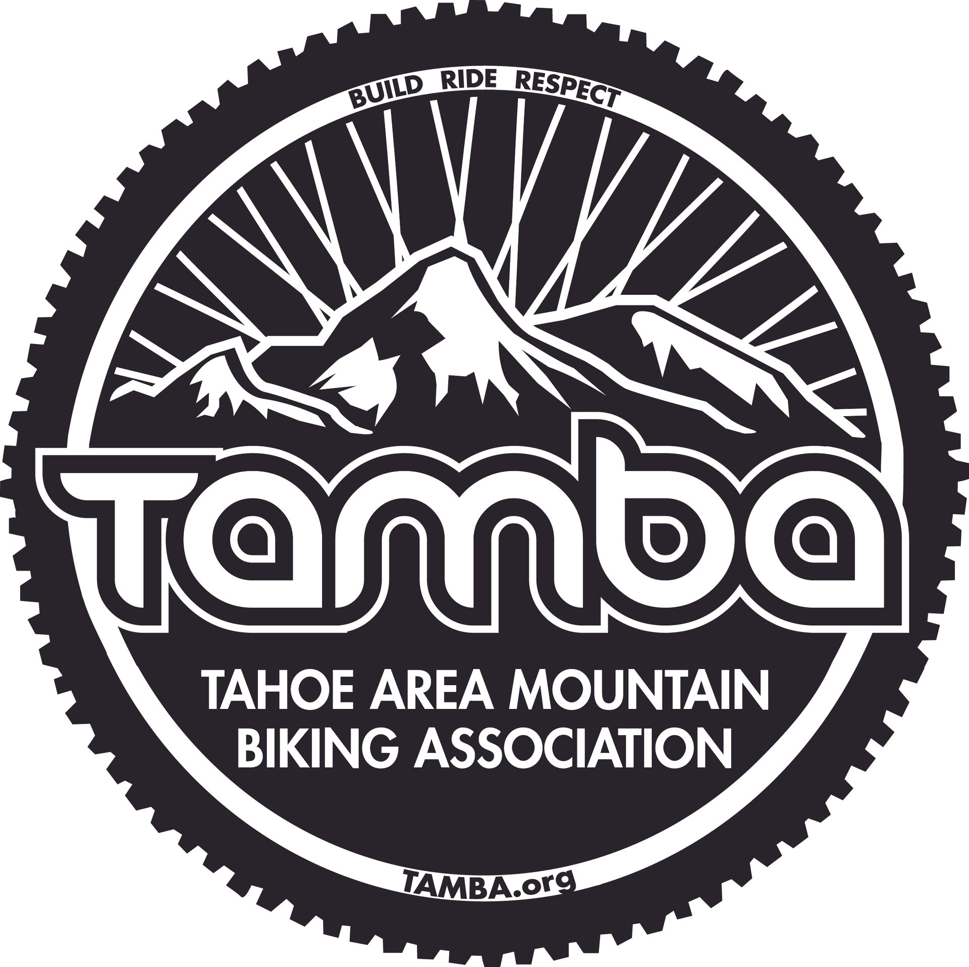 TAMBA logo with mountain and bike wheel, reading “Tahoe Area Mountain Biking Association” in black and white