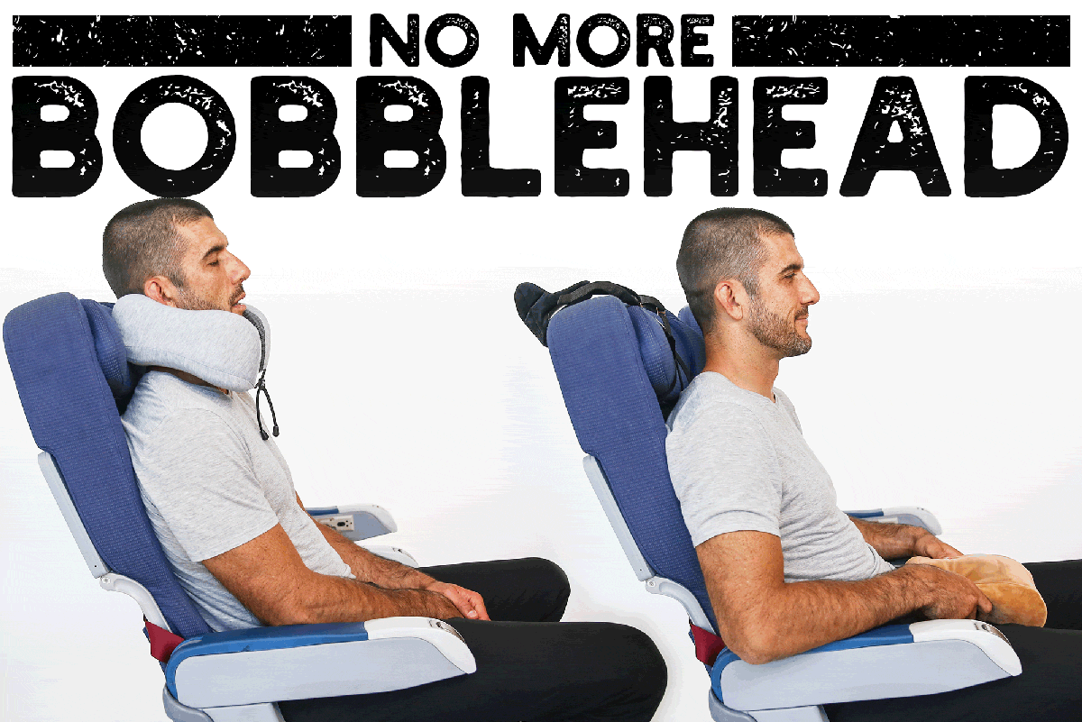 Before-and-after of a man leaning back in a chair; text reads “No More Bobblehead.”
