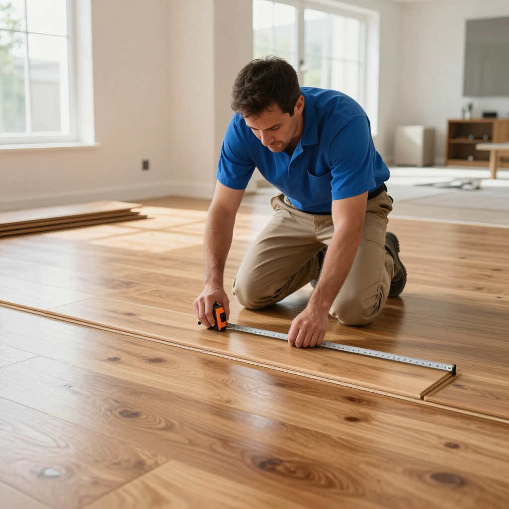 A person kneeling on a wooden floor, using a tape measure to check the dimensions of a plank during installation.