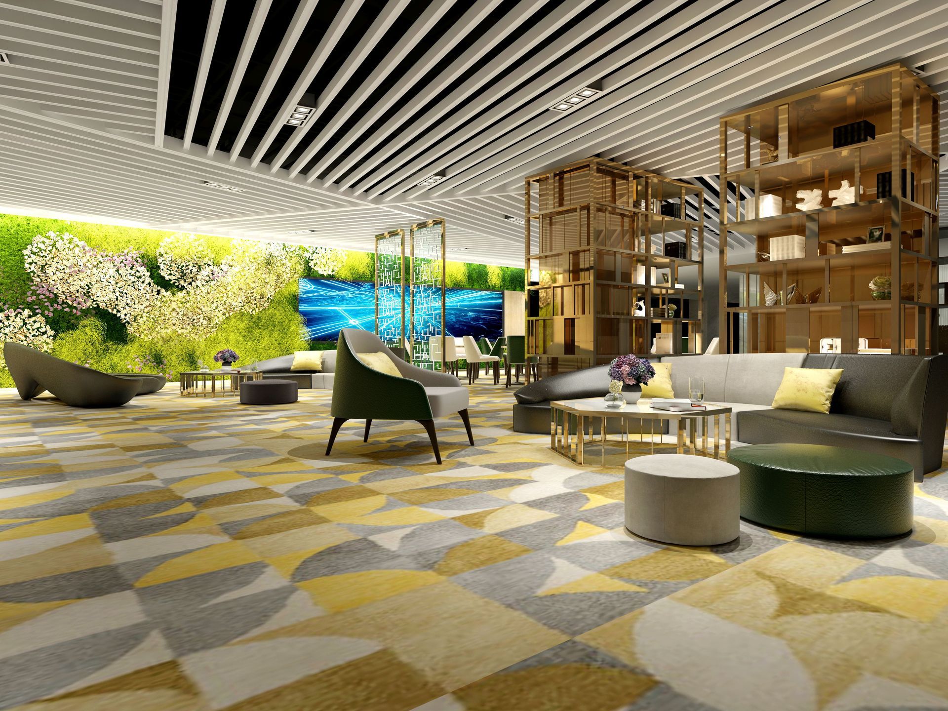 A modern hotel lobby featuring a geometric carpet, green accent wall, wooden shelving, and various lounge furniture. A modern hotel lobby featuring a geometric carpet, green accent wall, wooden shelving, and various lounge furniture.