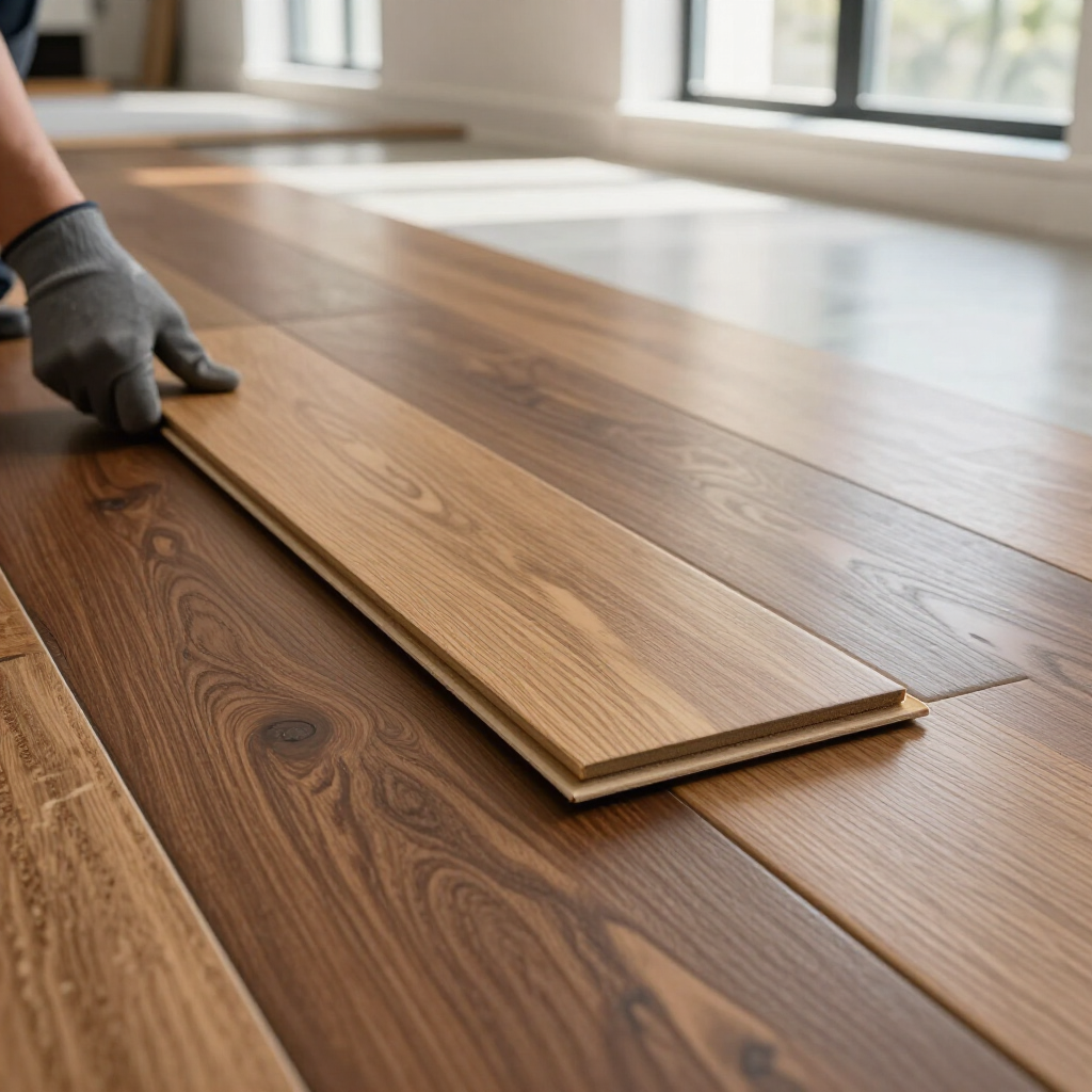 A person wearing a gray work glove installs a light brown wood-look laminate plank into a floor.