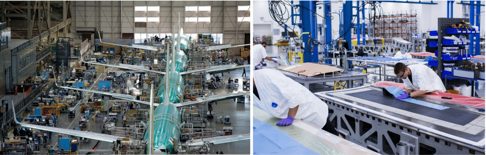 A factory with a lot of people working on a plane.