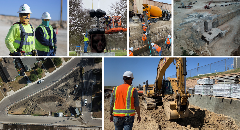 A collage of pictures of construction workers on a construction site.