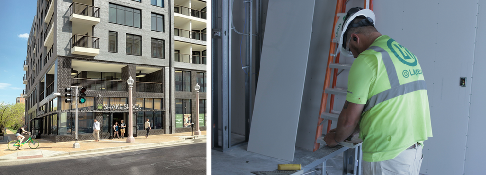 A construction worker is working on a building next to a building under construction.