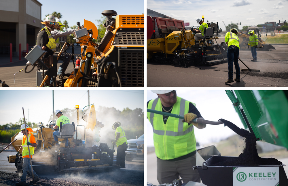 A collage of four pictures of construction workers on a road.