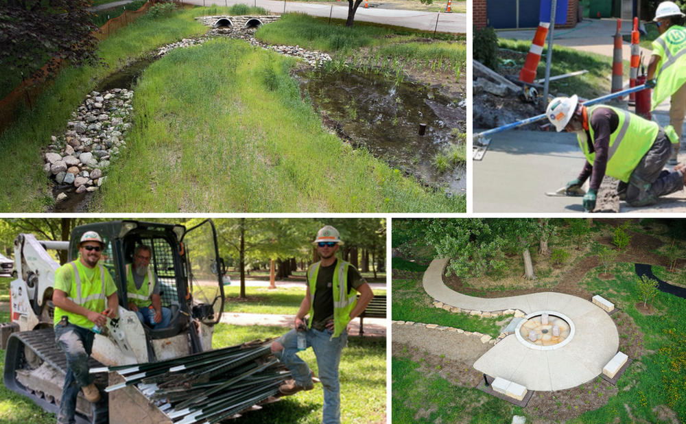 A group of construction workers are working on a project in a park.