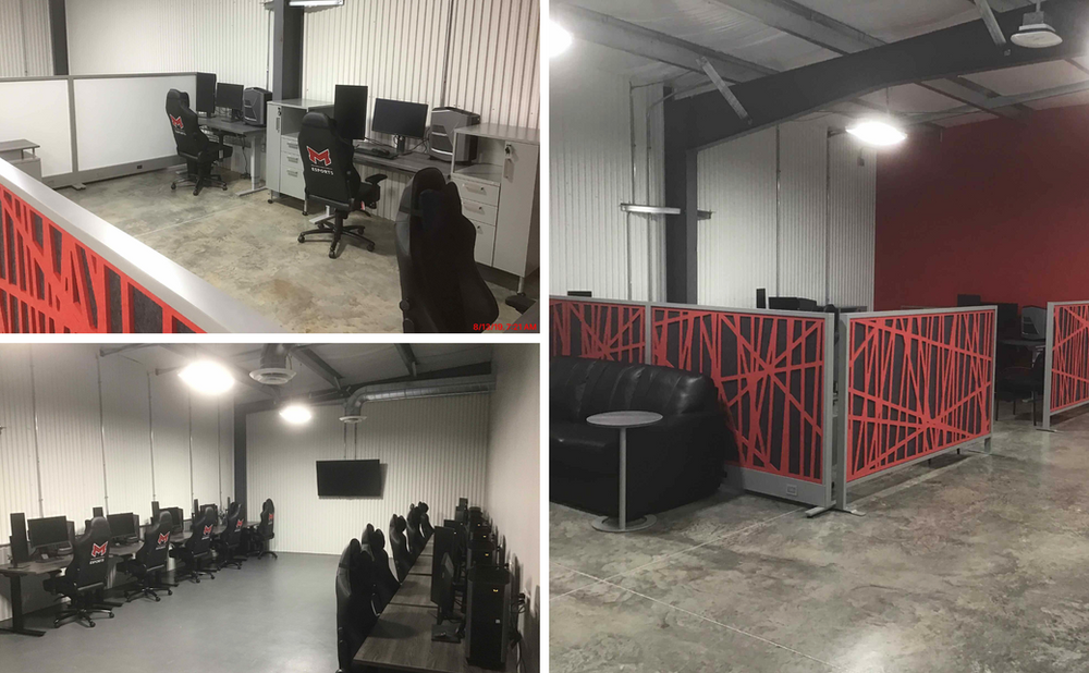 A collage of four pictures of a room with a lot of computers and chairs.