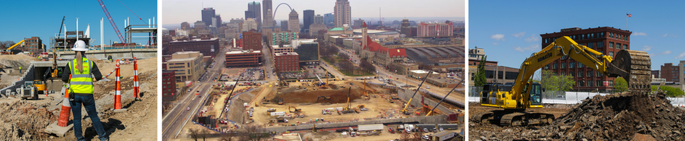 A collage of three pictures of a construction site with a city in the background.