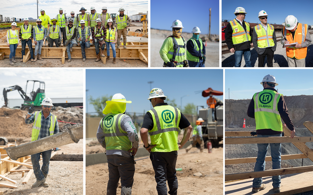 A collage of construction workers wearing hard hats and safety vests