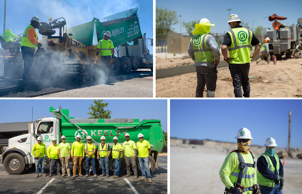 A group of construction workers are standing in front of a dump truck.