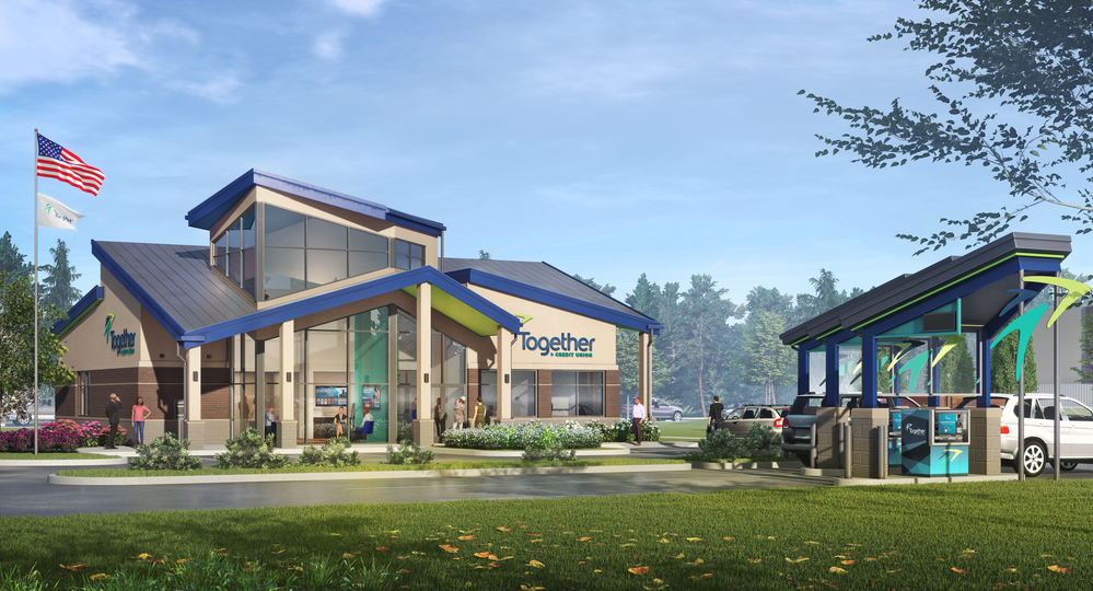 An artist 's impression of a large building with a flag in front of it.