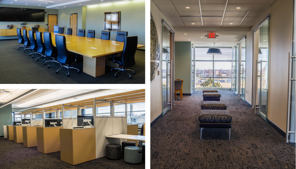 A collage of three pictures of a conference room and an office