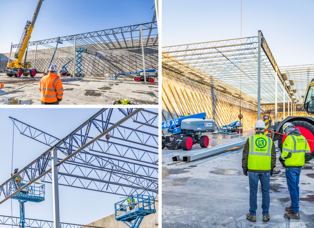 A collage of three pictures of a building under construction.