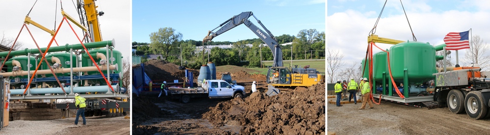 A collage of three pictures of a construction site