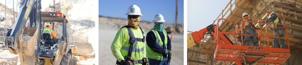 A collage of three pictures of construction workers wearing hard hats and safety vests.