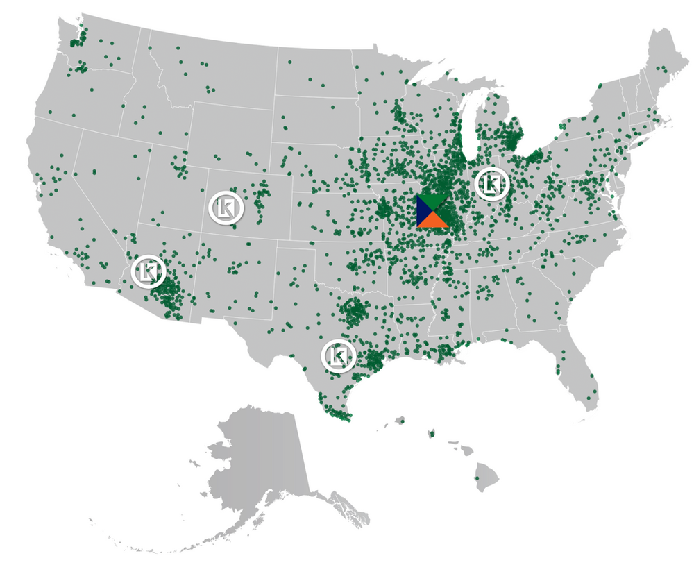 A map of the united states with green dots on it