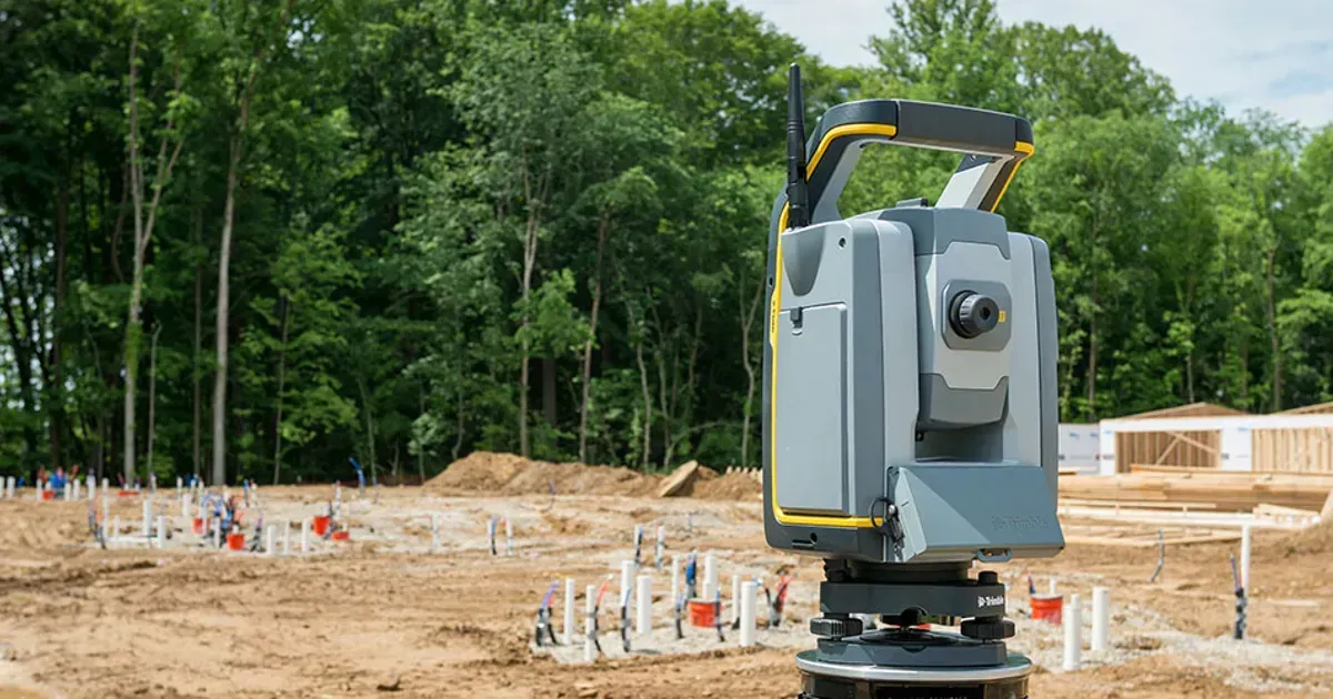 A total station is sitting in the middle of a construction site.