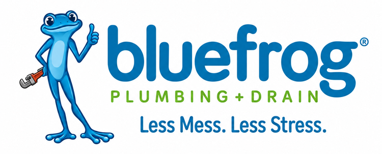 Bluefrog Plumbing & Drain logo with a blue frog mascot and the slogan “Less Mess. Less Stress.”