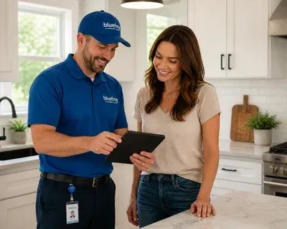 Technician in blue uniform shows a tablet to a customer in a bright kitchen.