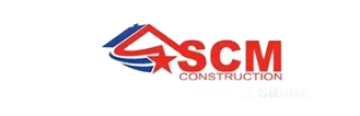 SCM Construction logo with red roof icon and blue text, reading