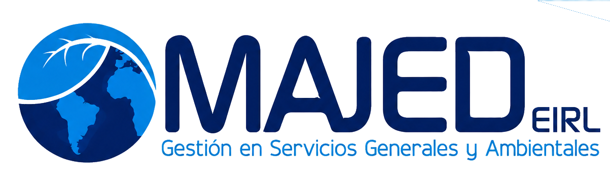 MAJED EIRL logo with blue globe icon and Spanish tagline “Gestión en Servicios Generales y Ambientales”