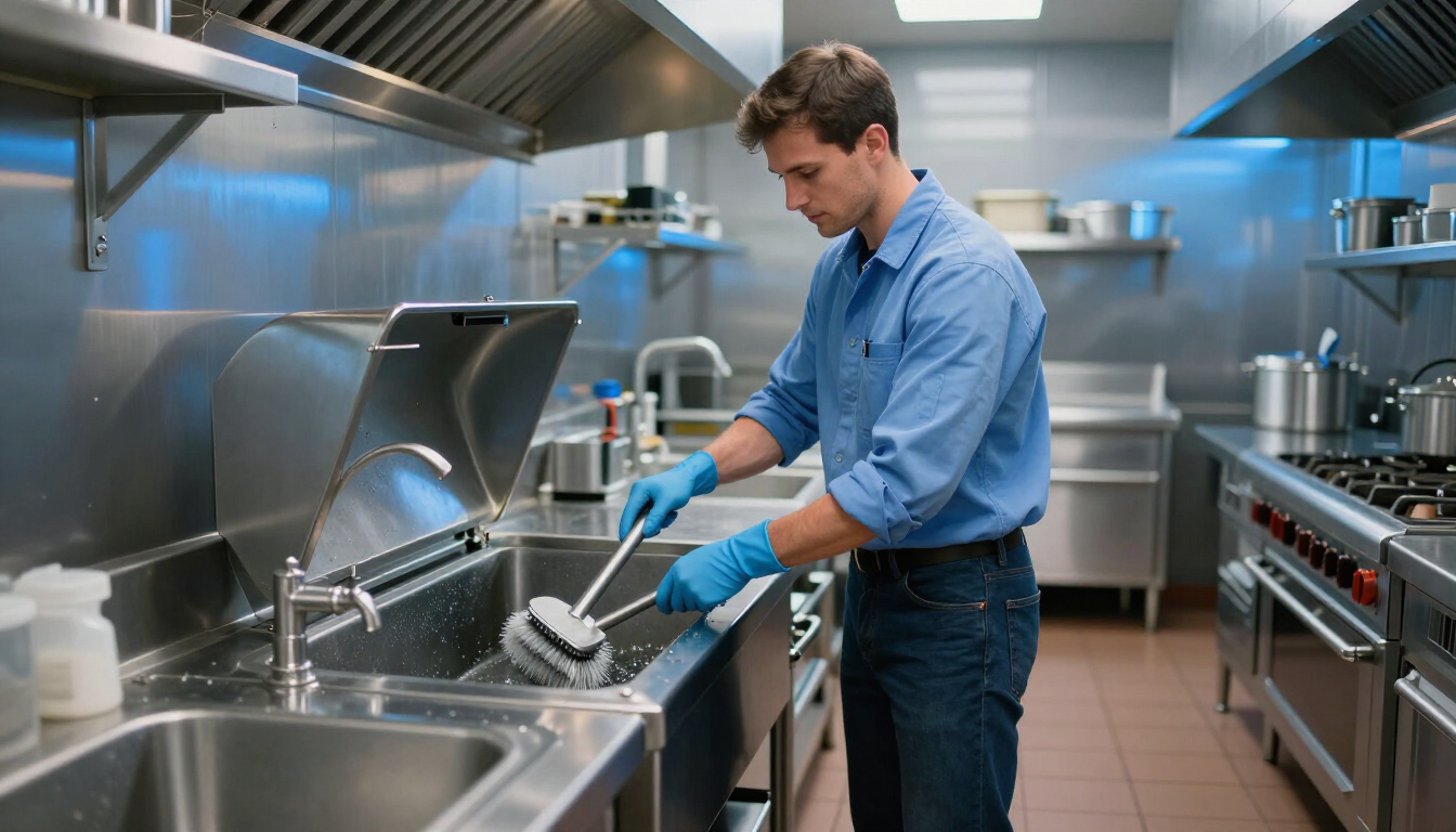 Un chef lava ollas en una cocina industrial de acero inoxidable con guantes azules.