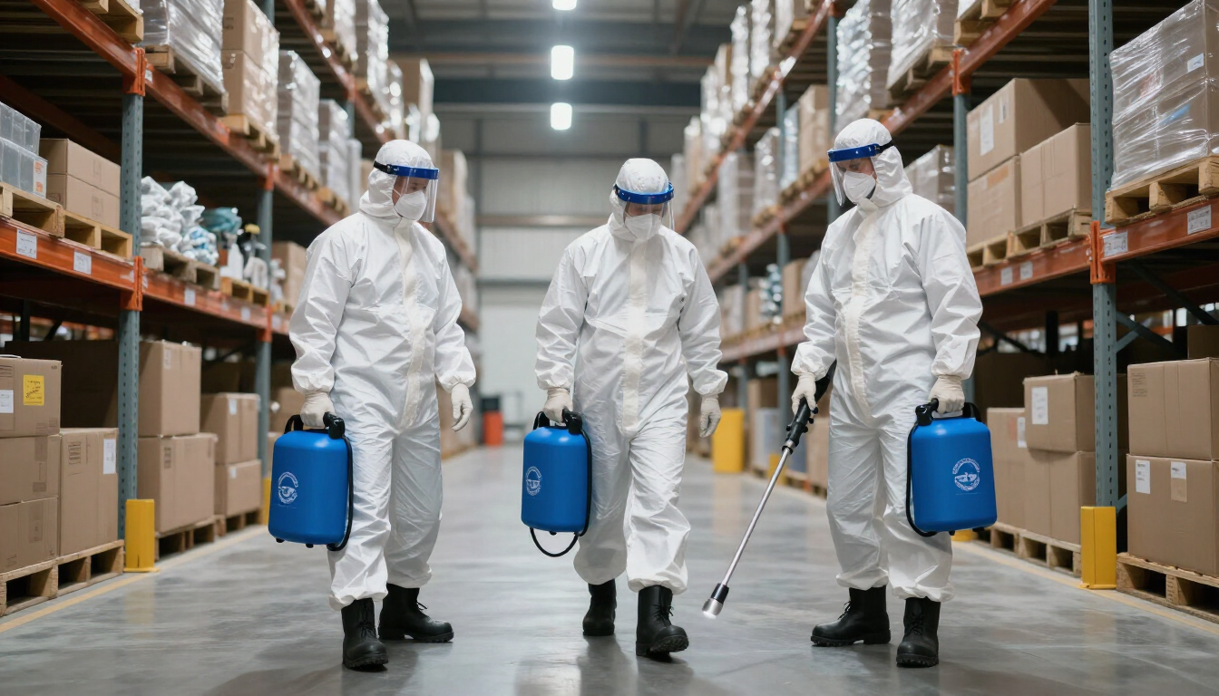 Tres trabajadores con trajes blancos de protección contra materiales peligrosos transportan contenedores azules de productos químicos en un pasillo de un almacén.