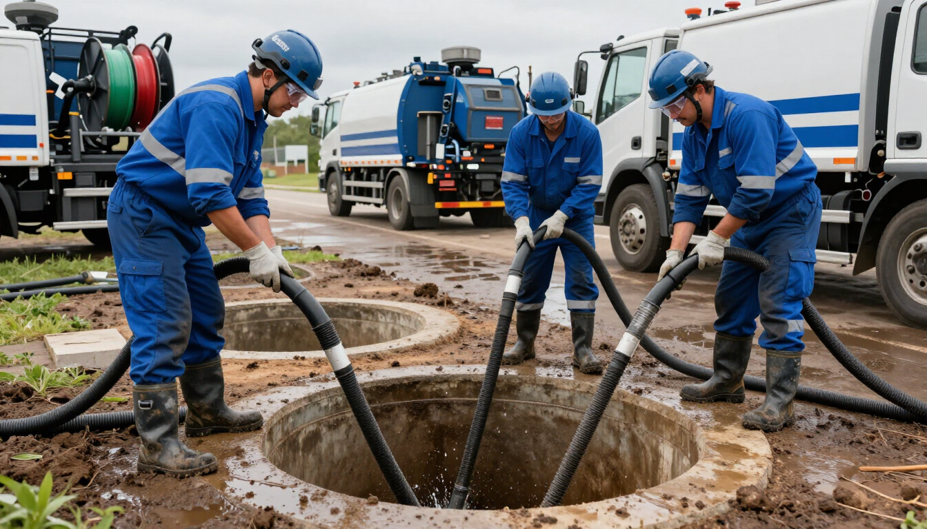 Trabajadores con uniformes azules desatascan una alcantarilla llena de lodo utilizando mangueras y camiones de vacío.