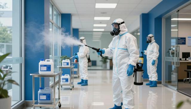Trabajadores con trajes blancos de protección química desinfectan un pasillo de laboratorio iluminado con niebla y carros de equipos.