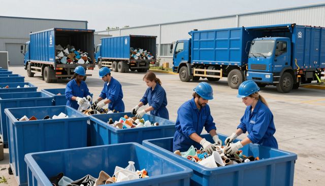 Trabajadores clasificando materiales reciclables en contenedores azules junto a los camiones en una planta de reciclaje al aire libre.