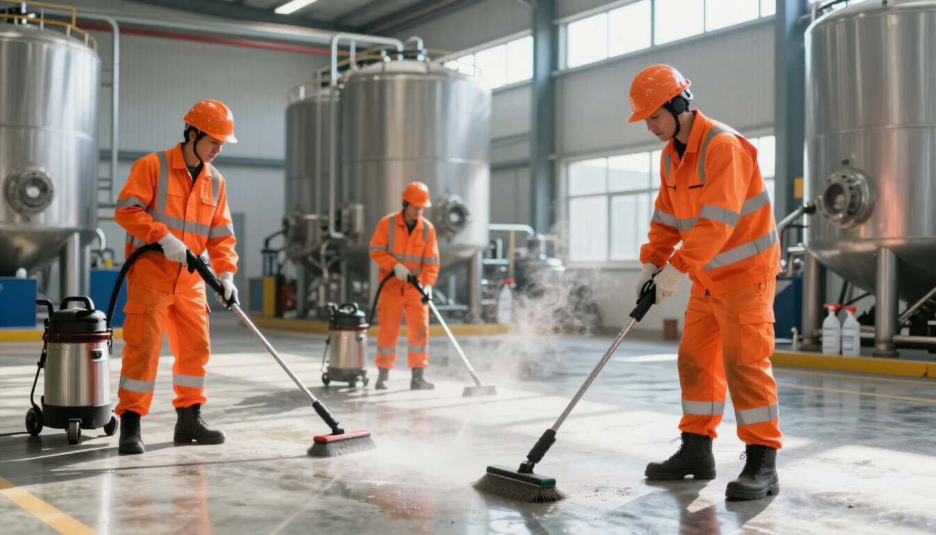 Trabajadores con trajes de seguridad naranjas limpian una luminosa instalación industrial con grandes tanques de metal.